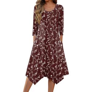 imageZeagoo Womens Midi Dresses 34 Sleeve Casual Dresses with Pockets 2025 Winter Dress A Line Loose Swing Tshirt DressRed Printing