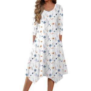imageZeagoo Womens Midi Dresses 34 Sleeve Casual Dresses with Pockets 2025 Winter Dress A Line Loose Swing Tshirt DressWhite Blue