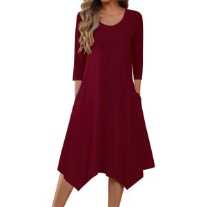 imageZeagoo Womens Midi Dresses 34 Sleeve Casual Dresses with Pockets 2025 Winter Dress A Line Loose Swing Tshirt DressWine Red