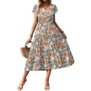 imageZeagoo Womens Summer Casual Dress Flutter Short Sleeve V Neck Button Down Tiered Flowy Long Dress with PocketsFloralbf157