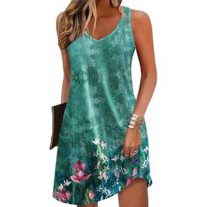 imageZeagoo Womens Summer Dress 2025 Loose V Neck Sleeveless Sundresses Swimsuit Coverup with Pockets Floral Tank DressesGreen Floralprinted