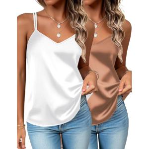 imageZeagoo Silk Camisole Tops for Women 2026 V Neck Satin Tank Top Spaghetti Strap Cross Back Sleeveless Summer Blouses2 Pack Brownwhite