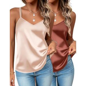 imageZeagoo Silk Camisole Tops for Women 2026 V Neck Satin Tank Top Spaghetti Strap Cross Back Sleeveless Summer Blouses2 Pack Champagnecaramel