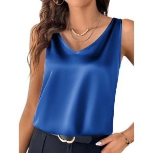 imageZeagoo Women 2026 Silk Satin Tank Top Casual V Neck Camisole Blouses Loose Sleeveless Cami Basic Tank ShirtBlue