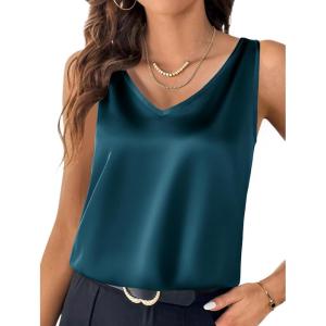 imageZeagoo Women 2026 Silk Satin Tank Top Casual V Neck Camisole Blouses Loose Sleeveless Cami Basic Tank ShirtBlue Green