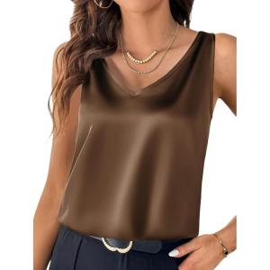 imageZeagoo Women 2026 Silk Satin Tank Top Casual V Neck Camisole Blouses Loose Sleeveless Cami Basic Tank ShirtBrown