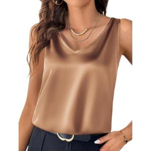imageZeagoo Women 2026 Silk Satin Tank Top Casual V Neck Camisole Blouses Loose Sleeveless Cami Basic Tank ShirtKhaki