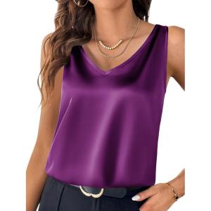 imageZeagoo Women 2026 Silk Satin Tank Top Casual V Neck Camisole Blouses Loose Sleeveless Cami Basic Tank ShirtPurple