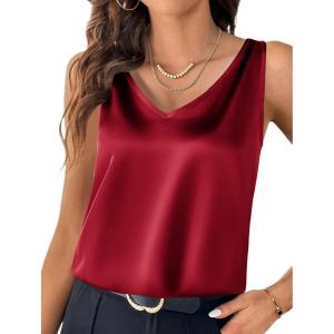 imageZeagoo Women 2026 Silk Satin Tank Top Casual V Neck Camisole Blouses Loose Sleeveless Cami Basic Tank ShirtWine Red