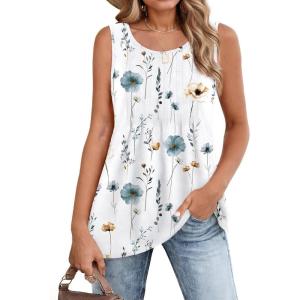 imageZeagoo Womens Summer Tank Tops 2026 Pleated Crew Neck Floral Solid Loose Fit Casual Sleeveless Flowy Boho Tunic ShirtsAblue Flower