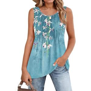 imageZeagoo Womens Summer Tank Tops 2026 Pleated Crew Neck Floral Solid Loose Fit Casual Sleeveless Flowy Boho Tunic ShirtsBf202