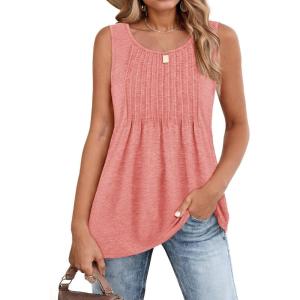 imageZeagoo Womens Summer Tank Tops 2026 Pleated Crew Neck Floral Solid Loose Fit Casual Sleeveless Flowy Boho Tunic ShirtsCoral