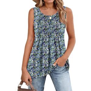 imageZeagoo Womens Summer Tank Tops 2026 Pleated Crew Neck Floral Solid Loose Fit Casual Sleeveless Flowy Boho Tunic ShirtsFloral Blue