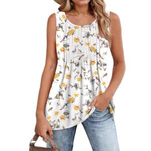 imageZeagoo Womens Summer Tank Tops 2026 Pleated Crew Neck Floral Solid Loose Fit Casual Sleeveless Flowy Boho Tunic ShirtsFloral Yellow