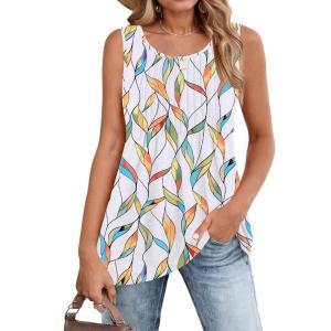 imageZeagoo Womens Summer Tank Tops 2026 Pleated Crew Neck Floral Solid Loose Fit Casual Sleeveless Flowy Boho Tunic ShirtsLeaf Print