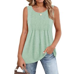 imageZeagoo Womens Summer Tank Tops 2026 Pleated Crew Neck Floral Solid Loose Fit Casual Sleeveless Flowy Boho Tunic ShirtsMint Green