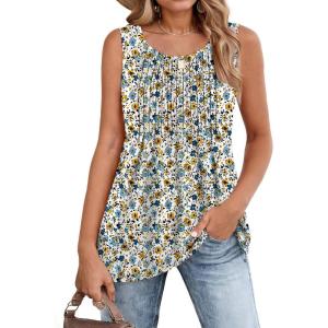 imageZeagoo Womens Summer Tank Tops 2026 Pleated Crew Neck Floral Solid Loose Fit Casual Sleeveless Flowy Boho Tunic ShirtsSmall Floral
