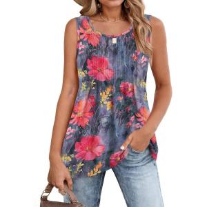 imageZeagoo Womens Summer Tank Tops 2026 Pleated Crew Neck Floral Solid Loose Fit Casual Sleeveless Flowy Boho Tunic ShirtsWf19