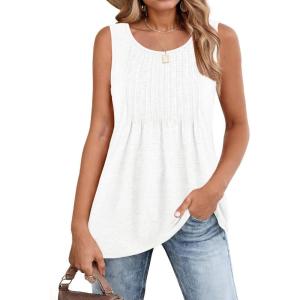 imageZeagoo Womens Summer Tank Tops 2026 Pleated Crew Neck Floral Solid Loose Fit Casual Sleeveless Flowy Boho Tunic ShirtsWhite