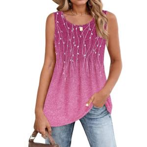 imageZeagoo Womens Summer Tank Tops 2026 Pleated Crew Neck Floral Solid Loose Fit Casual Sleeveless Flowy Boho Tunic ShirtsXh370