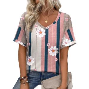 imageZeagoo Womens Summer Tops Short Sleeve Casual Shirts Floral Tee Trendy 2026 Basics V Neck Plain TshirtSf189