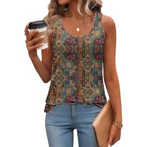 imageZeagoo Womens Tank Tops Flowy Loose Fit Scoop Neck Casual Summer Tops Curvy HemBoho Brown