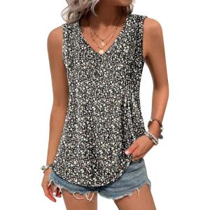 imageZeagoo Womens Tank Tops Loose Fit Casual V Neck Boho Summer Pleated Sleeveless Shirts Basic Trendy Outfits ClothesBlack Apricot Flower