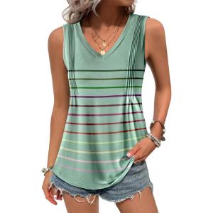 imageZeagoo Womens Tank Tops Loose Fit Casual V Neck Boho Summer Pleated Sleeveless Shirts Basic Trendy Outfits ClothesCyan Colorful Stripe