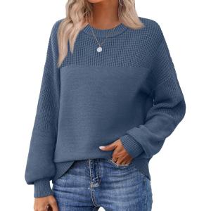 imageZeagoo Womens 2026 Fall Chunky Knit Sweater Oversized Crewneck Long Sleeve Winter Cotton Pullover Sweaters Jumper TopsBlue