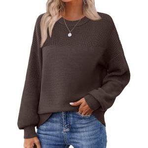 imageZeagoo Womens 2026 Fall Chunky Knit Sweater Oversized Crewneck Long Sleeve Winter Cotton Pullover Sweaters Jumper TopsBrown