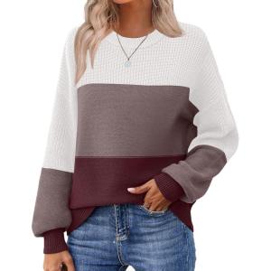 imageZeagoo Womens 2026 Fall Chunky Knit Sweater Oversized Crewneck Long Sleeve Winter Cotton Pullover Sweaters Jumper TopsColorblock 284