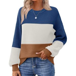 imageZeagoo Womens 2026 Fall Chunky Knit Sweater Oversized Crewneck Long Sleeve Winter Cotton Pullover Sweaters Jumper TopsColorblock 458