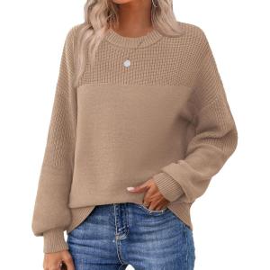 imageZeagoo Womens 2026 Fall Chunky Knit Sweater Oversized Crewneck Long Sleeve Winter Cotton Pullover Sweaters Jumper TopsKhaki