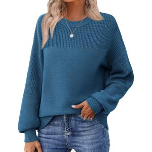 imageZeagoo Womens 2026 Fall Chunky Knit Sweater Oversized Crewneck Long Sleeve Winter Cotton Pullover Sweaters Jumper TopsLake Blue