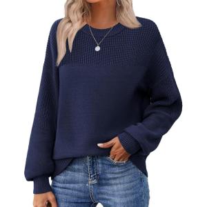 imageZeagoo Womens 2026 Fall Chunky Knit Sweater Oversized Crewneck Long Sleeve Winter Cotton Pullover Sweaters Jumper TopsNavy Blue