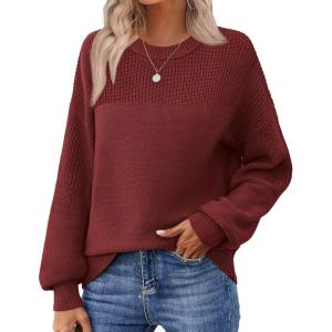imageZeagoo Womens 2026 Fall Chunky Knit Sweater Oversized Crewneck Long Sleeve Winter Cotton Pullover Sweaters Jumper TopsWine Red