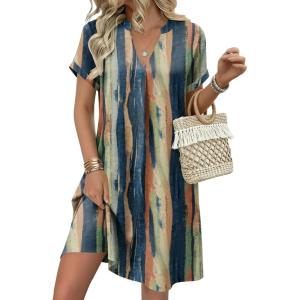 imageZEAGOO Summer Dresses for Women Short Sleeve Pettie Shift Dress V Neck Casual Mini Beach Vacation Boho Sundress with PocketsKhaki Tie Dye