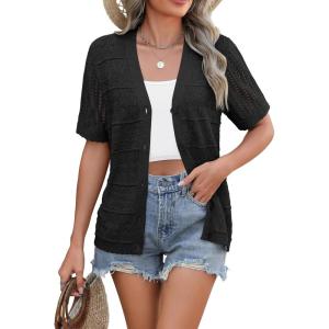 imageZeagoo Womens 2026 Summer Short Sleeve Crochet Cardigan V Neck Cropped Lightweight Button up Bolero Shrug SweaterBlack