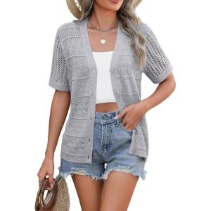 imageZeagoo Womens 2026 Summer Short Sleeve Crochet Cardigan V Neck Cropped Lightweight Button up Bolero Shrug SweaterGrey