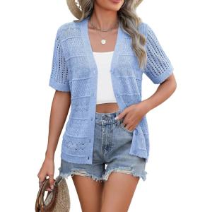 imageZeagoo Womens 2026 Summer Short Sleeve Crochet Cardigan V Neck Cropped Lightweight Button up Bolero Shrug SweaterLight Blue