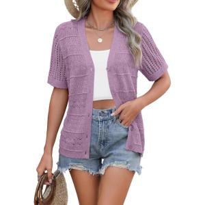 imageZeagoo Womens 2026 Summer Short Sleeve Crochet Cardigan V Neck Cropped Lightweight Button up Bolero Shrug SweaterPurple