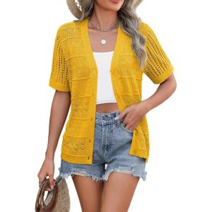 imageZeagoo Womens 2026 Summer Short Sleeve Crochet Cardigan V Neck Cropped Lightweight Button up Bolero Shrug SweaterYellow