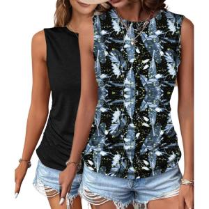 imageZeagoo Womens Ruched Tank Tops Summer Dressy Casual Crewneck Sleeveless Shirts SXXL2 Packblue Black Print and Black