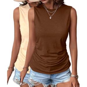imageZeagoo Womens Ruched Tank Tops Summer Dressy Casual Crewneck Sleeveless Shirts SXXL2 Packtea Leaf and Beige