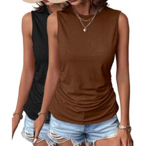 imageZeagoo Womens Ruched Tank Tops Summer Dressy Casual Crewneck Sleeveless Shirts SXXL2 Packtea Leaf and Black