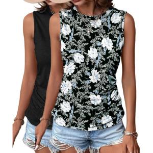 imageZeagoo Womens Ruched Tank Tops Summer Dressy Casual Crewneck Sleeveless Shirts SXXL2 Packwhite Flower and Black
