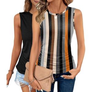 imageZeagoo Womens Ruched Tank Tops Summer Dressy Casual Crewneck Sleeveless Shirts SXXL2 Packwhite Orage Stripe and Black