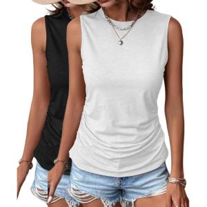 imageZeagoo Womens Ruched Tank Tops Summer Dressy Casual Crewneck Sleeveless Shirts SXXL2 Packwhite and Black