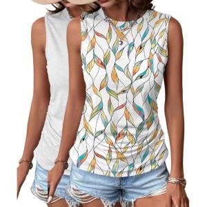 imageZeagoo Womens Ruched Tank Tops Summer Dressy Casual Crewneck Sleeveless Shirts SXXL2 Packyellow Green Leaves and White