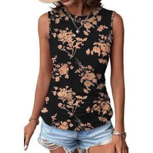 imageZeagoo Womens Ruched Tank Tops Summer Dressy Casual Crewneck Sleeveless Shirts SXXLBlack Orange Flower
